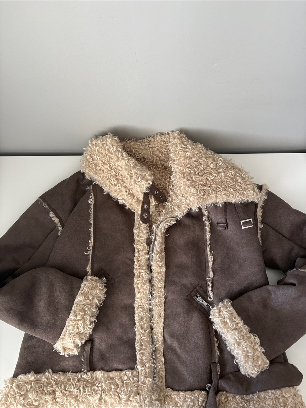 Missguided Beige Faux Shearling Jacket with Cream Trim